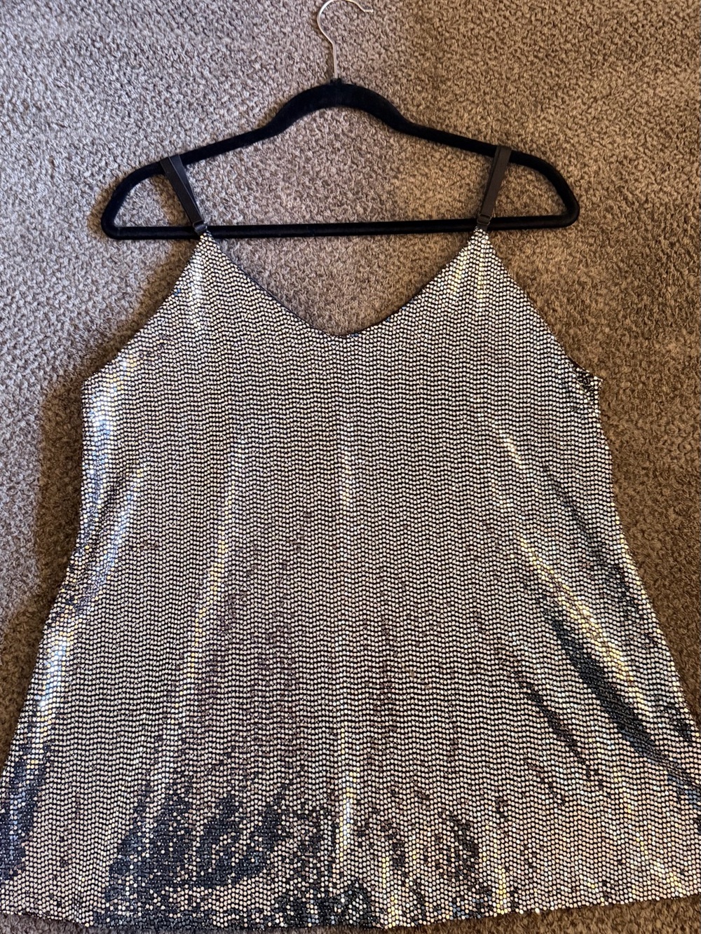 Metallic Silver Sequin Tank Top - Sleeveless V-Neck